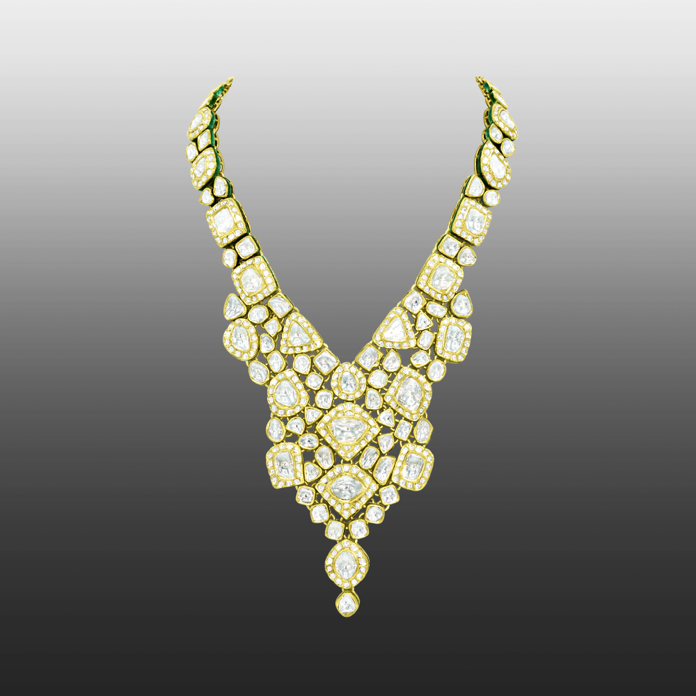 V-Shaped Polki Set with Cascading Uncut Diamonds